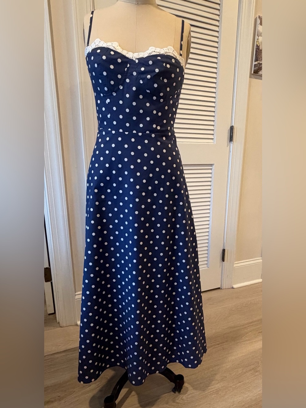 Commense Navy and White Polka Dot Midi Dress